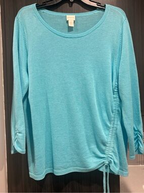Chico's Aqua Scoop Neck Long Sleeve Top with Side Tie Ruching & Ruched Cuffs XL